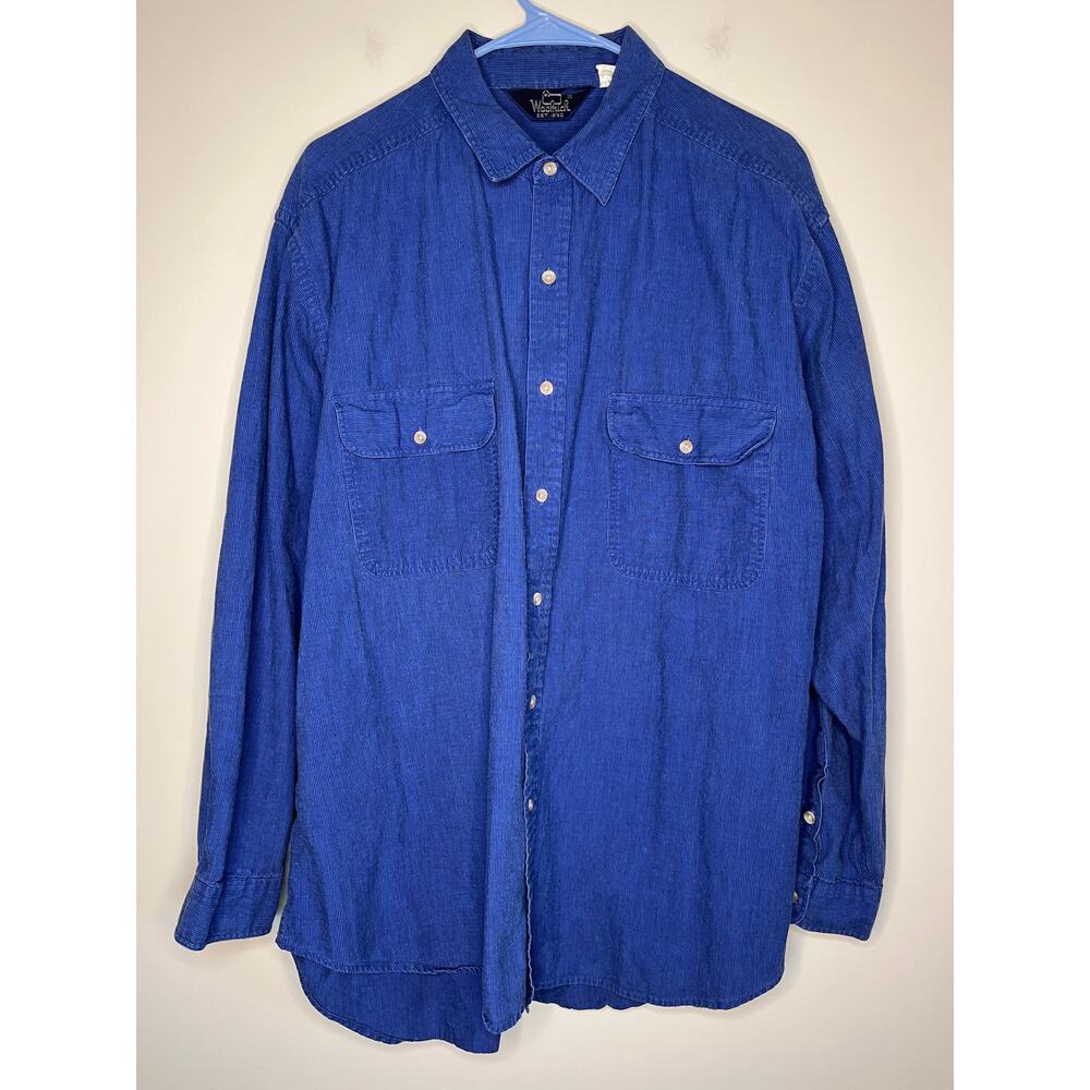 1990s Woolrich Royal Blue Textured Pinstripe Soft Granola Shirt Jacket XL